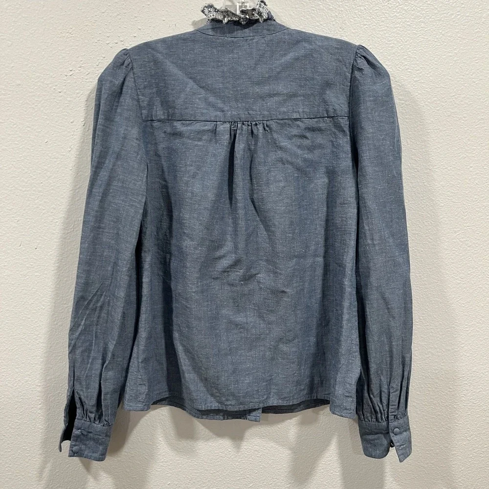 Sézane Chlo Blue Chambray Denim Lace Eyelet Embroidered‎ Shirt Size EU 34